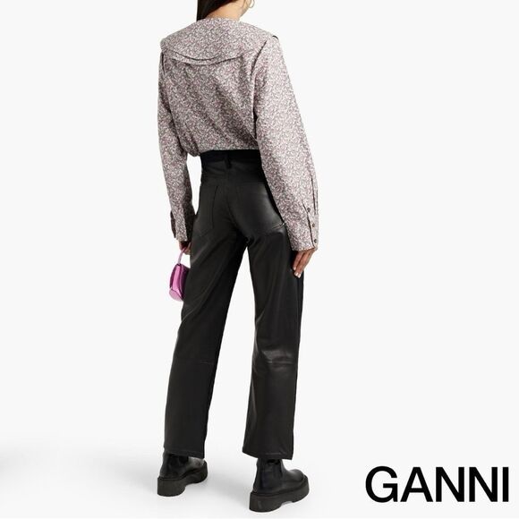 GANNI **NWT** Frost Gray Floral Print Cotton Poplin Double-Collar Shirt - Picture 6 of 16